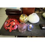 6 x Glass including Etched Cranberry Shade & Paperweights