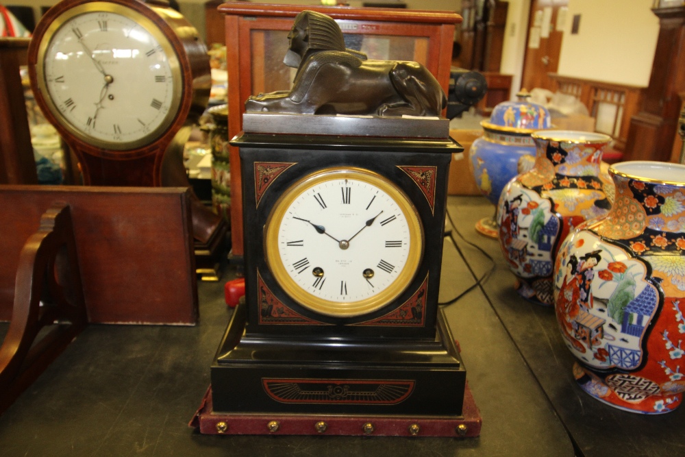 Victorian black slate mantel clock by Frodsham, of Egyptian revival design