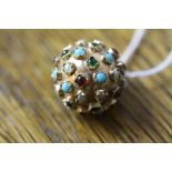 Edwardian 9ct gold and semi precious gem set spherical pendant, 2cm diameter