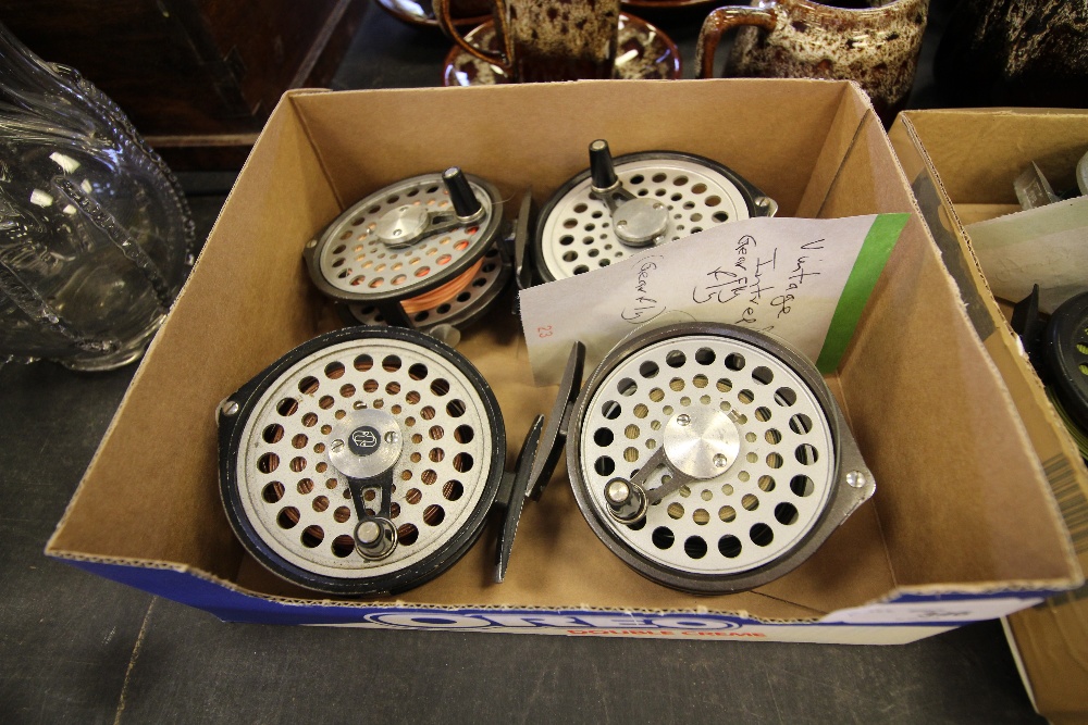 4 vintage Intrepid Gearfly fly reels, most with fly line fitted