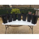 7 Black Planters, Box of Solar Lights, Strip Light, 2 Cone Planters