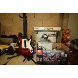 Xbox 360 and accessories, drum, 2 guitars and stand