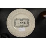 19th Century child's pottery plate worded Jane