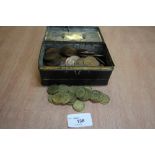 Small cash tin and misc coinage