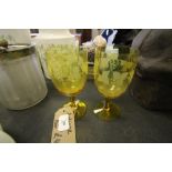 Pair of etched & coloured wine glasses