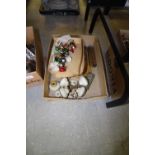 Box of wooden rules, Xmas decorations etc