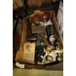 Box of misc collectables inc pewter, binoculars etc