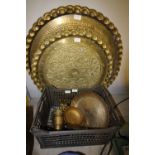 2 Large Indian Brass Trays & Box of Brass Items