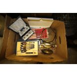 Box of brassware and cutlery