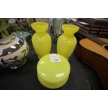 Pair of Vivid Yellow Glass Vases with Matching Lidded Trinket Box