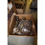 Box of plated and brass wares inc button polisher