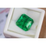 Heat treated octagon cut 7.47ct natural emerald, with GGL certificate