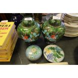 Pair Cloisonne Enamel Ginger Jars, Box & Plate