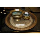 Indonesian brass tray and 2 incense burners