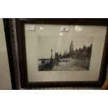 Pair of Pictures in Mahogany Frames - Tower Bridge & Houses of Parliament