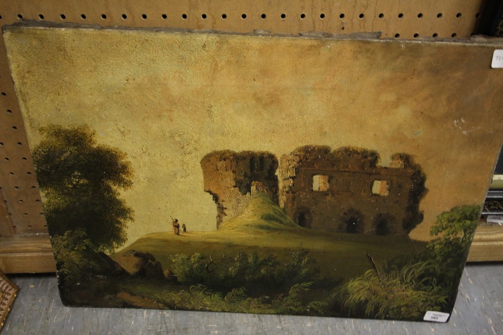 18th/19th Century school - oil painting - castle ruins in landscape, unframed. Canvas damage.