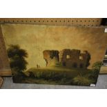 18th/19th Century school - oil painting - castle ruins in landscape, unframed. Canvas damage.