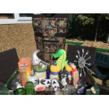 Mixed Box of Wooden Ornaments, Storage Jars, Cheese Slicer and Shopping Trolley