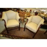 Pair of mahogany framed winged armchairs