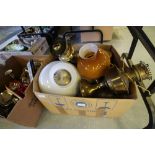 Box of Oil Lamps & Shades