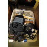 Box of cameras, lighters, watches etc