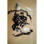 Whitby Jet Fob Pendant, Linked Chain and Various Loose Jet Fragments, Beads