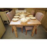 Pine dining table and 4 high back tartan print chairs