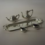 George VI silver miniature four piece tea and coffee service with tray by Barker Brothers,