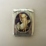 George V silver match holder, enamelled with 'Leda and the Swan, Birmingham 1926