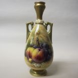 Royal Worcester porcelain 'Fruit' vase painted by William Ricketts, puce printed mark, date code for