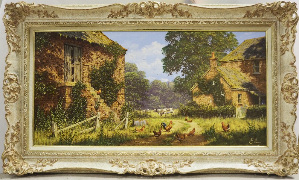 Edward Hersey (b. 1948), oil painting, Farmyard Scene with chickens, 37cm x 75cm, signed, in gilt