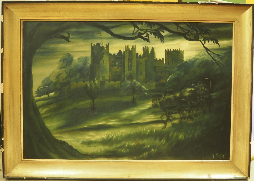 M. Kipling, oil painting, Horse and carriage galloping in haste from a castle, 60cm x 90cm signed,