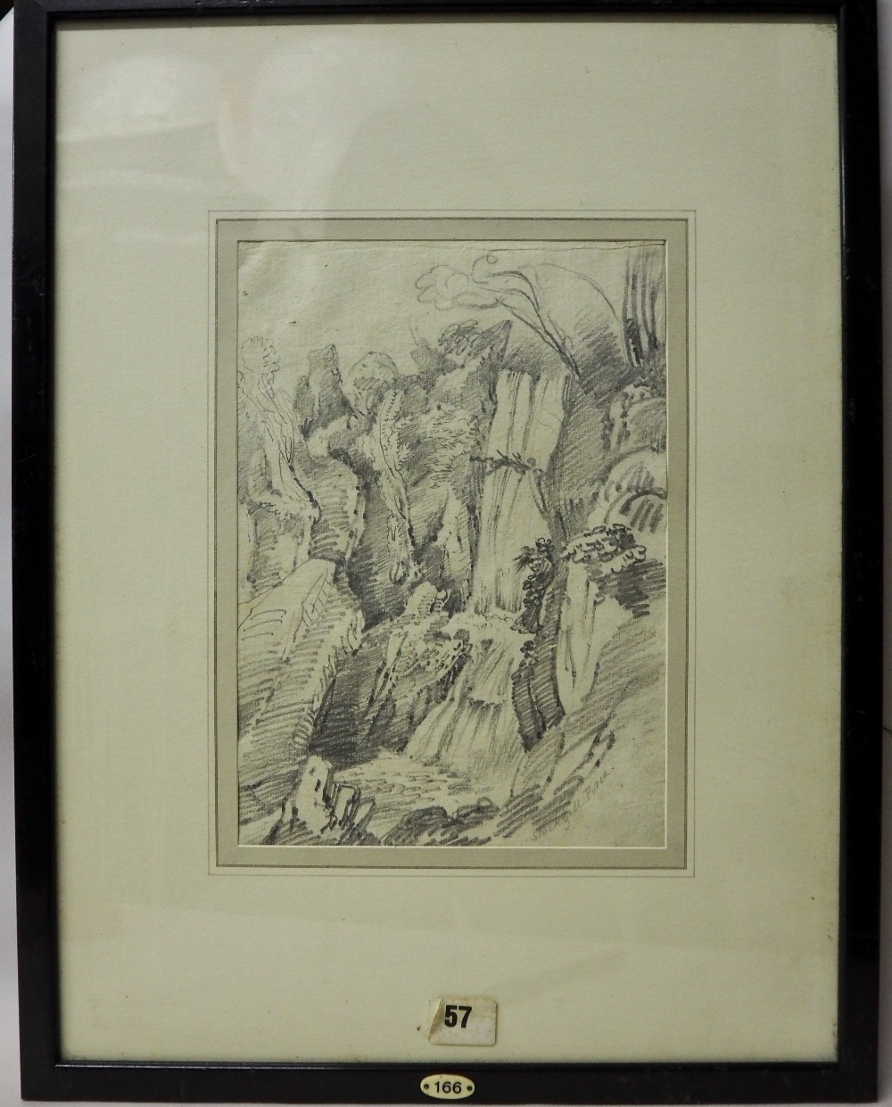 Early 19th Century School - Pencil sketch- 'Stock Gill Force', 29cm x 20cm, framed, inventory plaque