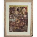 'Outsider Art' mental patient colour print, 72cm x 54cm, in painted wooden frame
