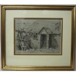 Ruth Peirson, pencil sketch, Cottage and farm implements, 18.3cm x 25cm, signed, framed