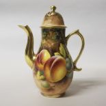 Royal Worcester porcelain 'Fruit' miniature coffee pot, painted by William Roberts, black printed