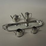 Elizabeth II silver miniature four piece tea and coffee service with tray by A. Marston & Co,