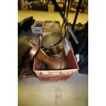 Box of Brass & Copper inc brass jardinière and herb chopper