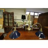 Set of brass and blue glass snooker table lights