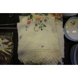 Pair of Screen Print Curtains & Embroidered Tablecloths & Mirror