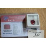 Heat treated emerald cut 7.47ct ruby, with GGL certificate