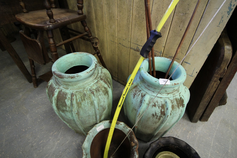 2 Green Painted Urn Form Planters