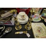 Large Gilt Metal Cigar Cutter & Pair of Brass Candlesticks