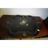 Large Victorian Papier Mache Tray, Painted and Mother of Pearl Inlay