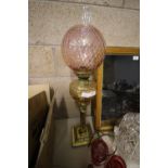 Brass Table Oil Lamp with Orange Glass Reservoir & Cranberry Glass Shade