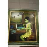 Probo - Surrealist oil painting - Reading girl, the sky with flying books, panel 75cm x 85cm, signed