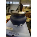 Adams Tunstall Dark Blue Jasper Ware Biscuit Barrel with Plated Lid & Handle