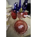 Cranberry Glass Oil Lamp, Bowl & 3 Glasses