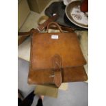 1960's Solid Leather Traders Bag with shoulder strap carrying handle and zips front/back/centre