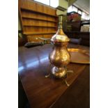 Late Victorian copper Arts & Crafts style hammered coffee pot with whistle, on stand and complete